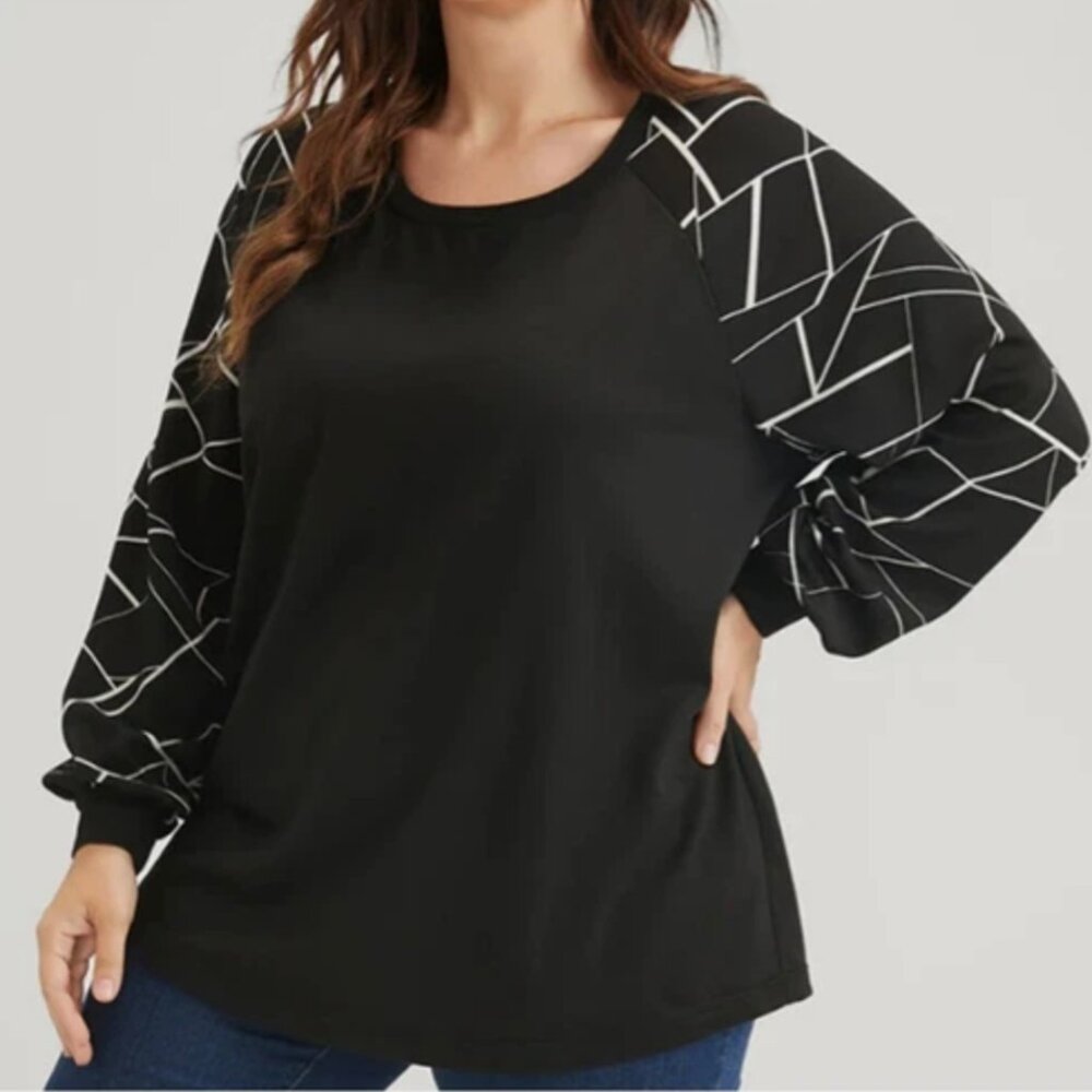 BLOOMCHIC Black Geometric Raglan Sleeve Round Neck Sweatshirt 1X NEW